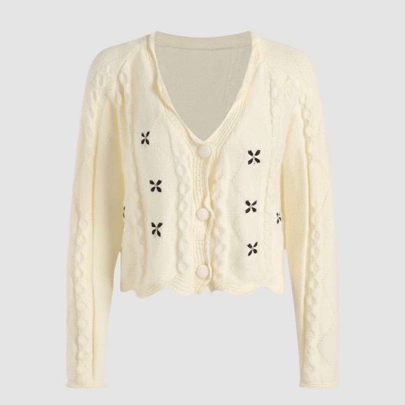 Sweaters - Shein Cream V Neck Floral Button Up Cardigan Sweater with Black Accents